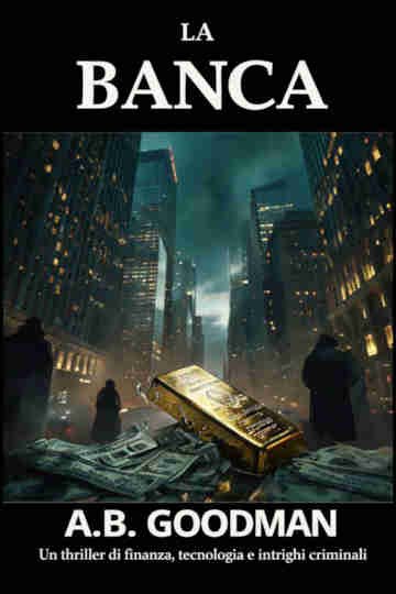 Copertina del thriller finanziario La Banca di A. B. Goodman, con un lingotto d’oro, banconote e figure misteriose tra i grattacieli di Manhattan