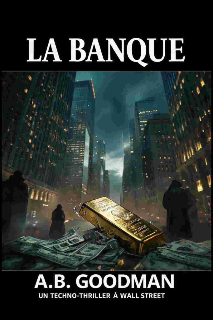 Couverture du thriller financier "La Banque" par A.B. Goodman — lingot d'or renversé sur une pile de billets, silhouettes en imperméable devant les gratte-ciel de Manhattan la nuit
