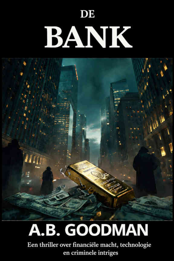 Boekcover van “De Bank”, een financiële thriller over corruptie, goudfraude, bankkartels en een geheim surveillancesysteem.