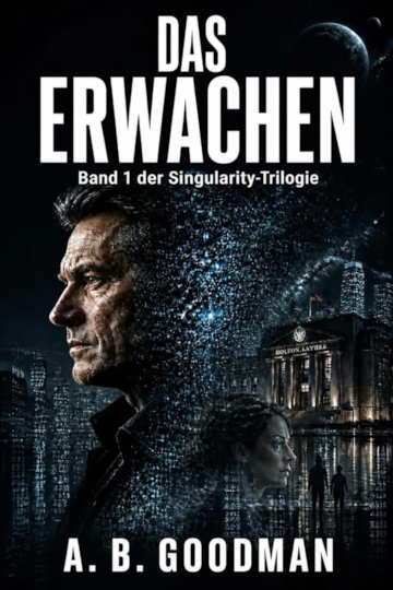 Buchcover von 'Das Erwachen' – Band 1 der Singularity-Trilogie von A. B. Goodman. Dunkles Sci-Fi-Design mit Porträt eines Mannes, einer Frau, und einer futuristischen Stadtkulisse mit dem Hoxton Layres Gebäude.