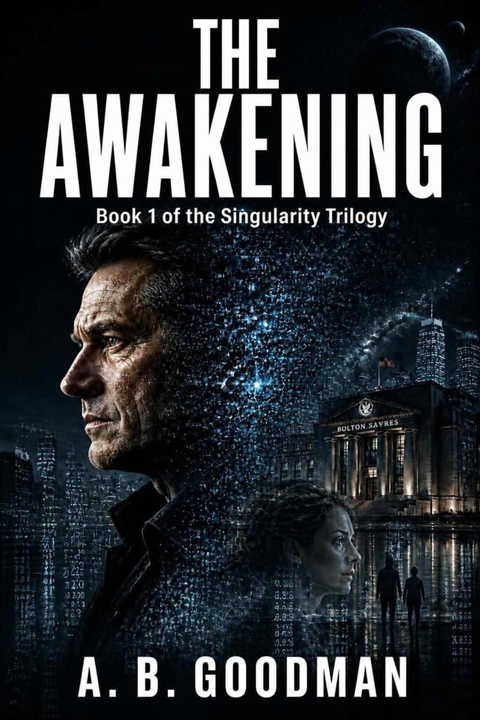 The The Awakening by A. B. Goodman book cover, featuring a man dissolving into blue digital particles above the Bolton Sayres bank, with a planet and two family figures in the background.