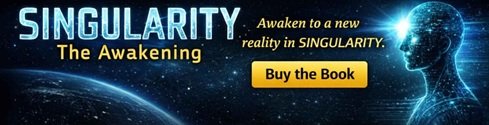 A glowing geometric structure rises above a futuristic landscape beneath a dark blue and violet cosmic sky, representing the awakening of the AI THEATRES in Singularity: The Awakening.